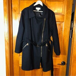 SOLD Michael Kors Black Wool Blend Asymmetric Zip  Gold Zip/Pockets Sz 3X-EUC